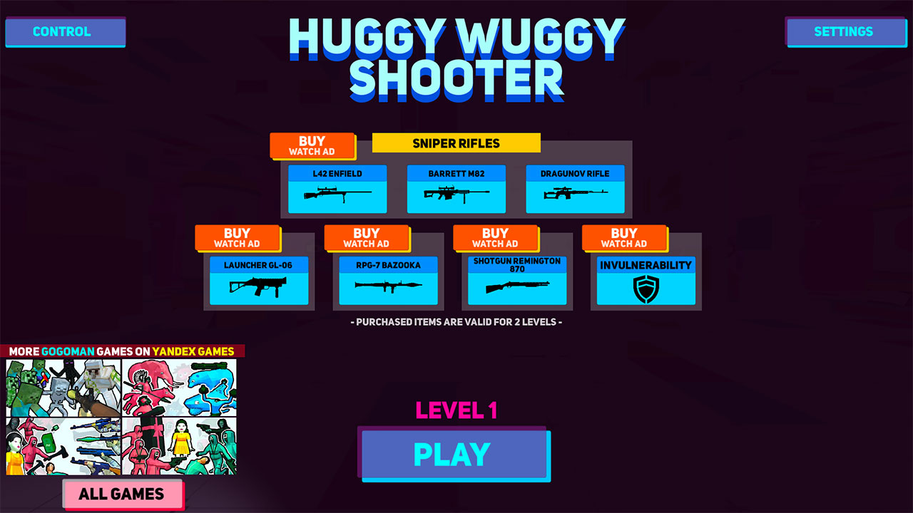 Huggy Wuggy Shooter プレイ開始画面スクリーンショット