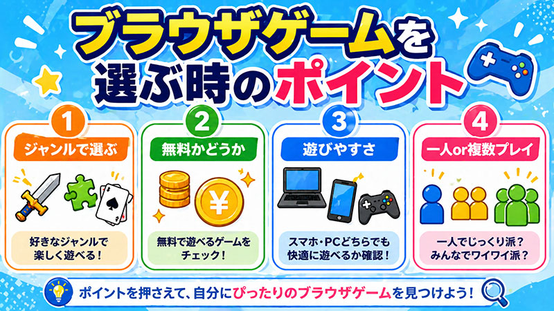ブラウザゲームを選ぶ時のポイント紹介イメージ
