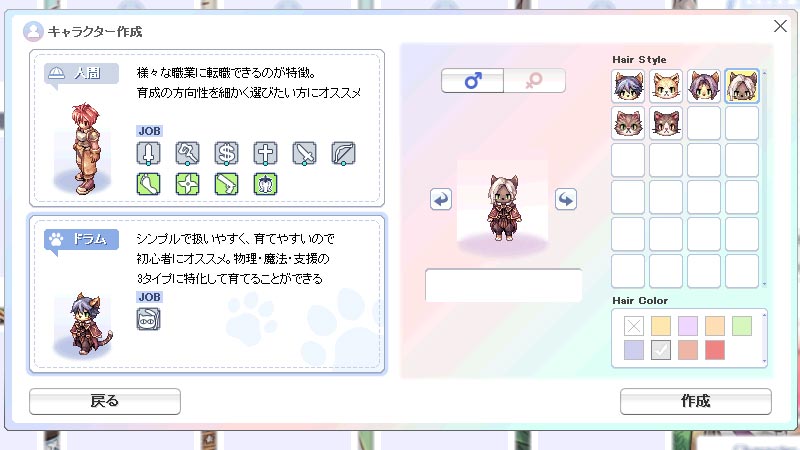 ラグナロクオンライン（RO）　『人間』と『ドラム』どちらかを選択するスクリーンショット