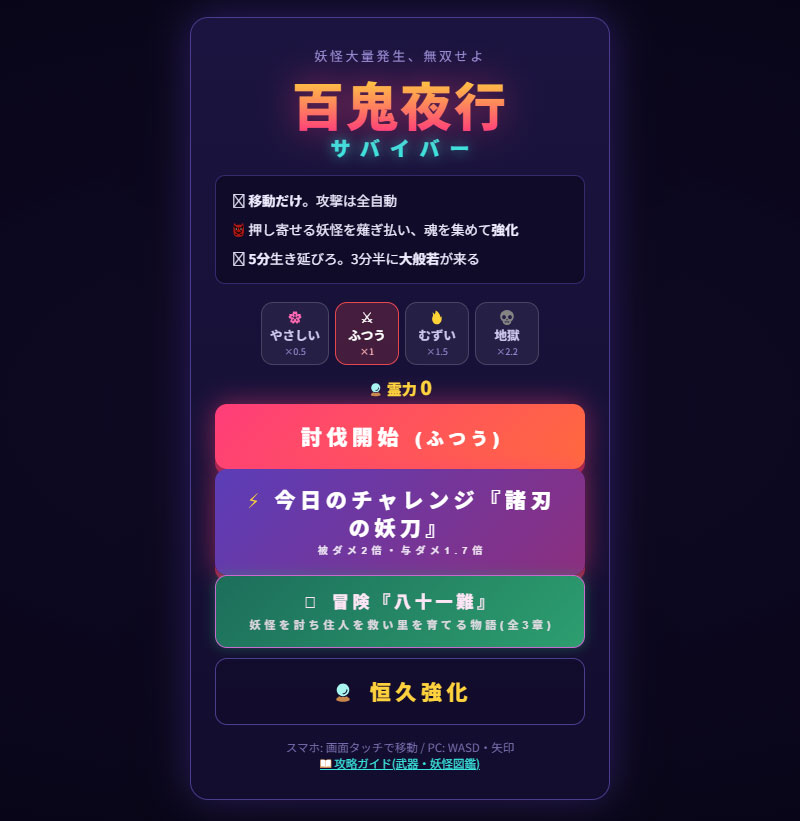 百鬼夜行サバイバー　ステージ難易度やメニューが表示されているTOPメニュースクリーンショット