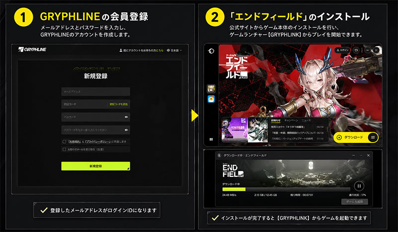 アークナイツエンドフィールド GRYPHLINEの会員登録、ゲームランチャーからゲームインストール紹介イメージ